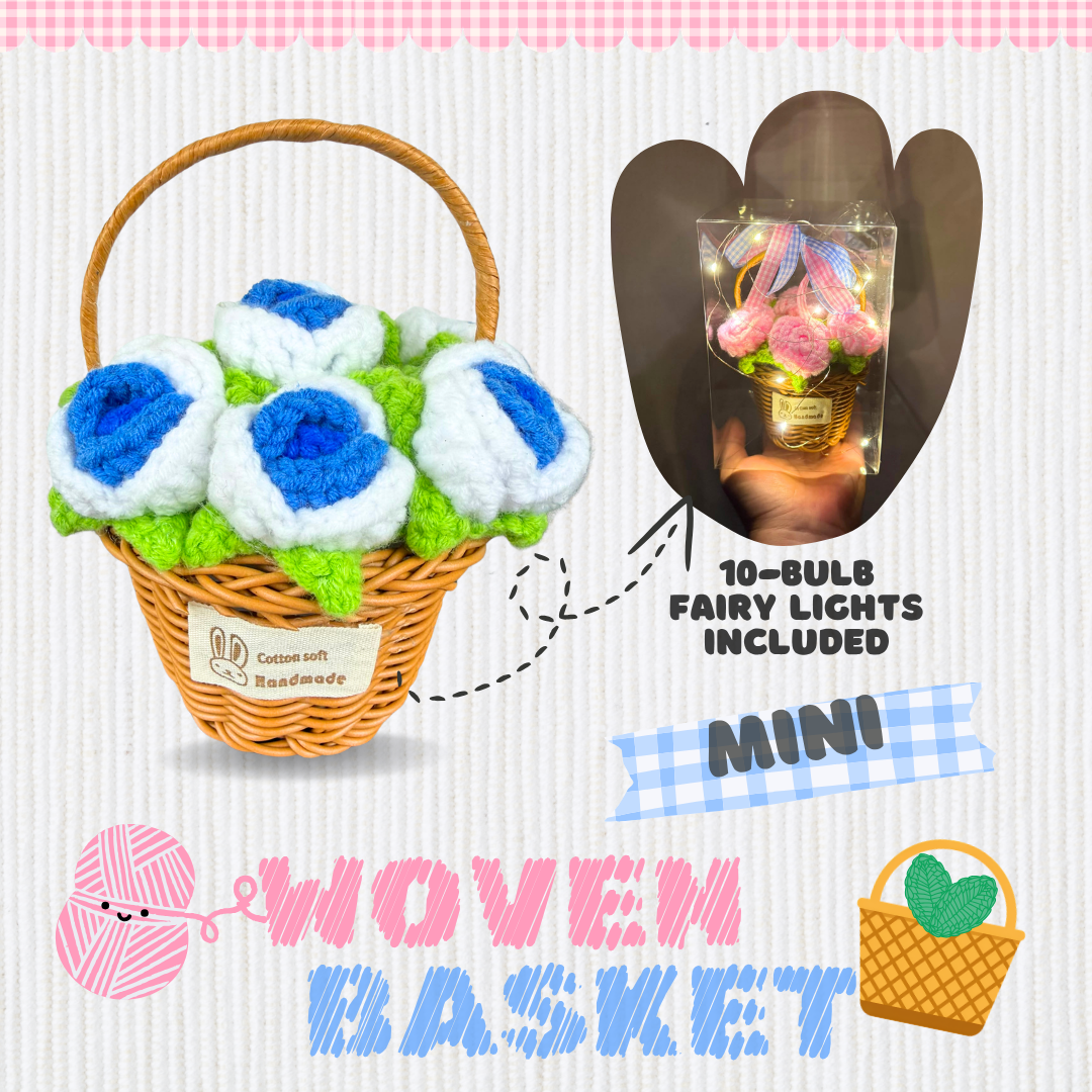Woven Basket Mini - Crochet Flowers - Blue Roses