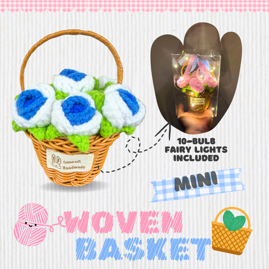 Woven Basket Mini - Crochet Flowers - Blue Roses