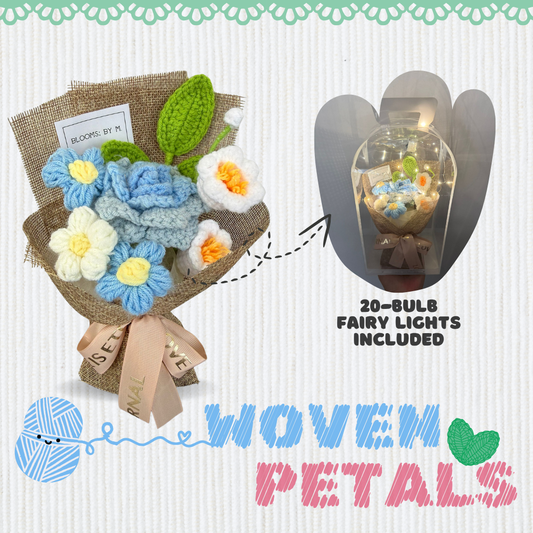 Woven Petals - Crochet Knit Flowers - Blue Bouquet with Box