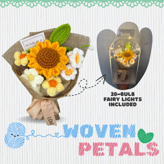 Woven Petals - Crochet Knit Flowers - Sunflower Bouquet with Box