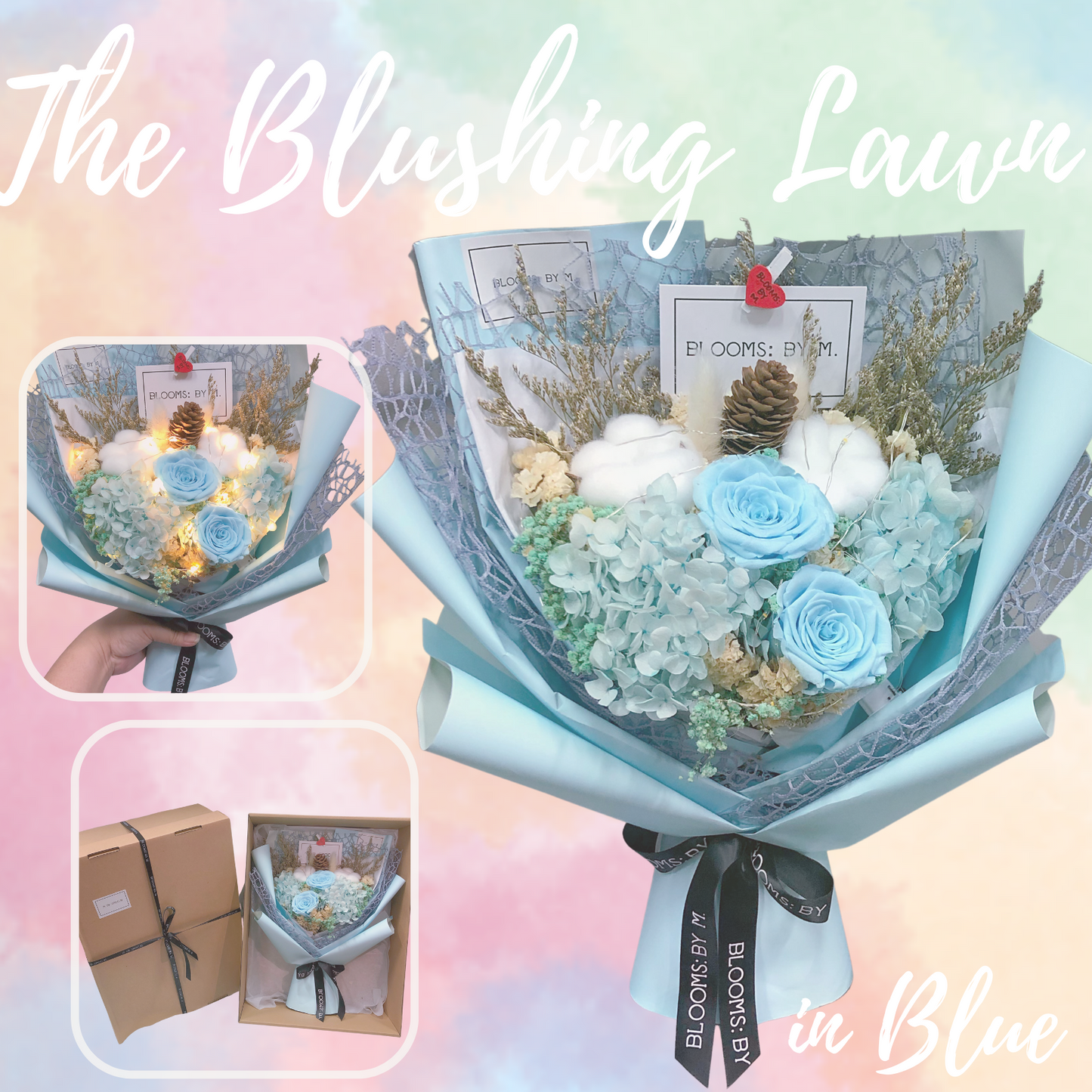 Preserved Rose Flower Bouquet Box - The Blushing Lawn (Premium) in Blue