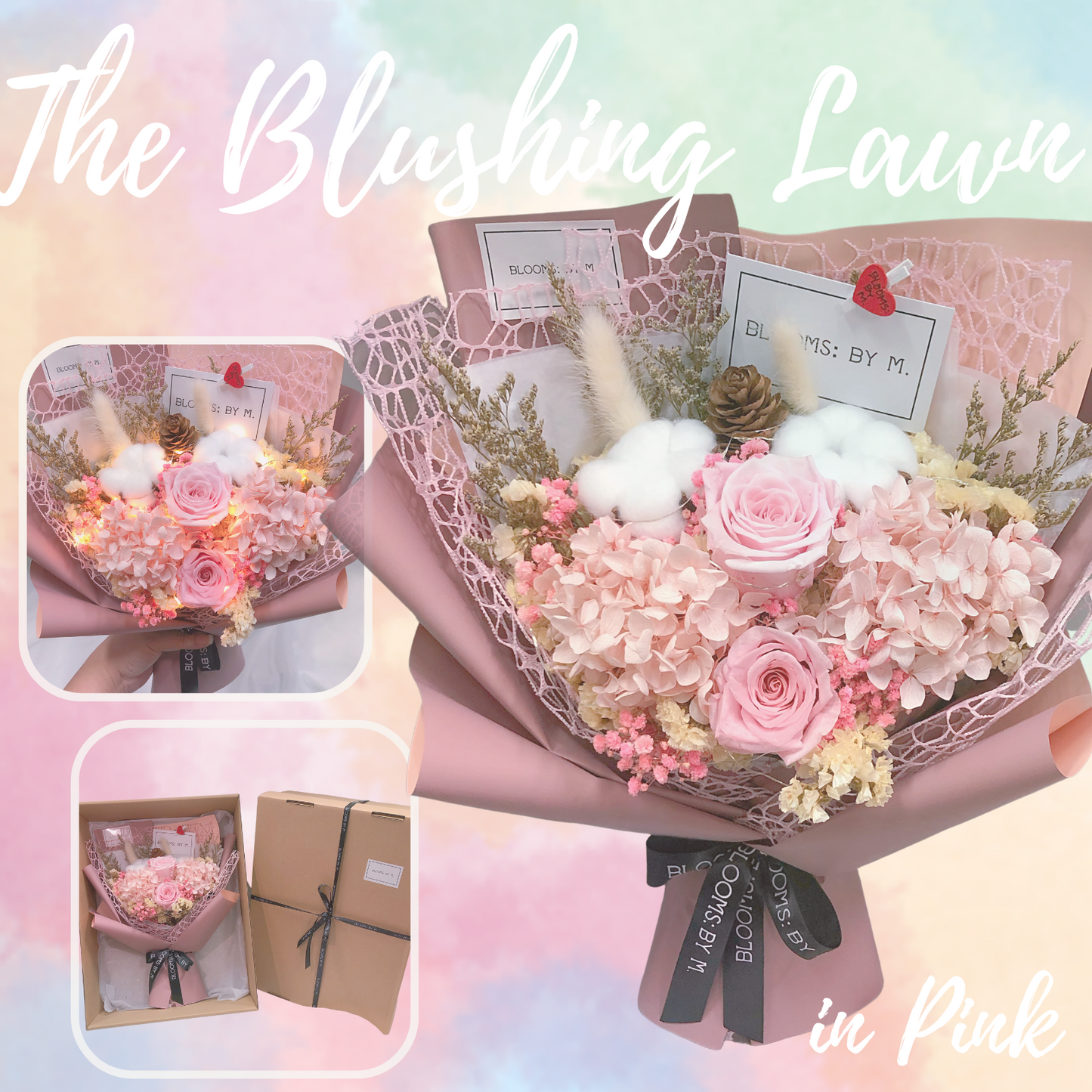 Preserved Rose Flower Bouquet Box - The Blushing Lawn (Premium) in Pink