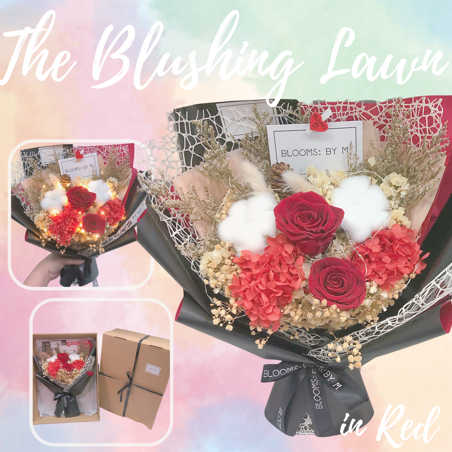 Preserved Rose Flower Bouquet Box - The Blushing Lawn (Premium) in Red