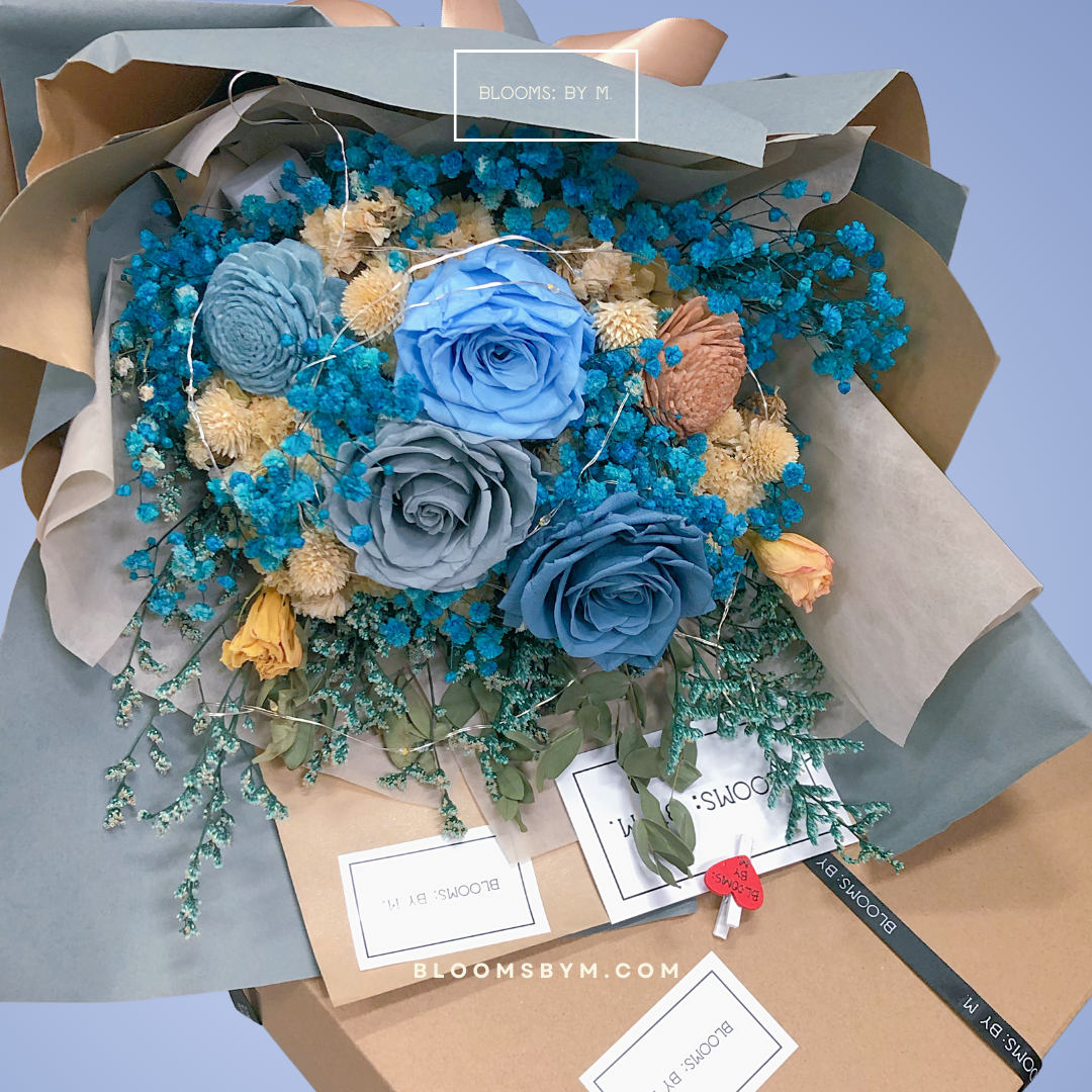 (Premium) Preserved Roses Flower Bouquet Box - The Rustic Patch in Blue